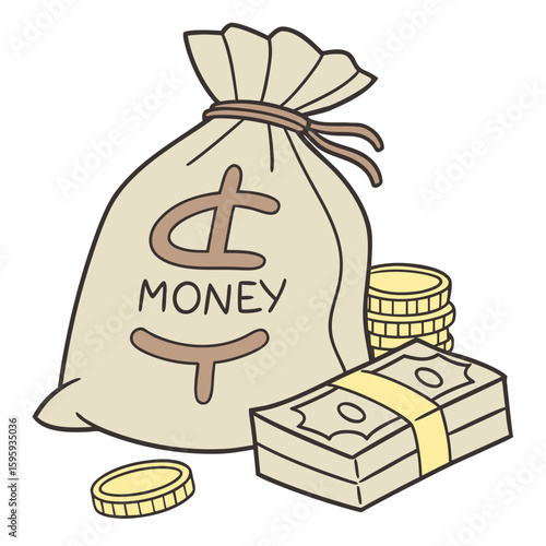 Illustration of a money bag with a dollar sign, stack of coins, and a bundle of banknotes nearby it