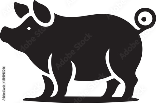 Stylized Black Silhouette of a Pig Livestock Animal Portraying a Simple Design with a Curly Tail and Rounded Body Shape