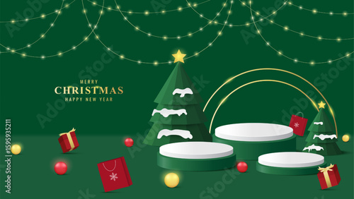 Merry christmas background. Podium Christmas. Green podium for product display presentation with christmas tree, ball, star, gift box and ornament on the stage. Stand product showcase on green backgro