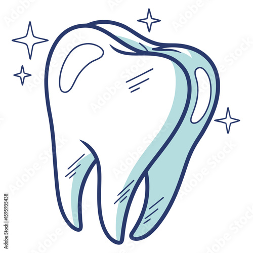 Illustration of a single tooth with a blue outline and sparkle effects around it on white background
