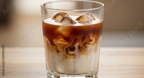 A glass of iced coffee with milk swirling, creating a marbled effect, sits on a wooden surface, showcasing a refreshing beverage.