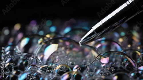 Closeup of Sleek Silver Pen Tapping on Iridescent Bubbles in Dynamic Composition