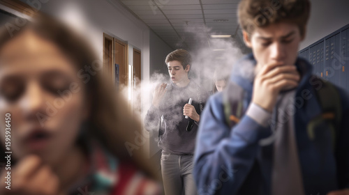 Student watching peer vaping, shock, emergency, health consequence, fear, awareness, school hallway