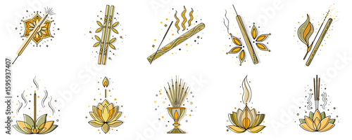 Incense stick icon set for blogs, websites, clipart, meditation, relaxation, spiritual, wellness, educational and awareness materials, presentations