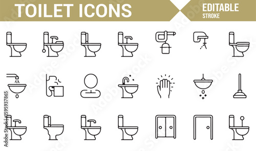 Icon Set Featuring Toilet, Sink, and Cleaning Tools for Bathroom Designs
