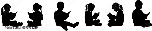 Children reading books in line silhouette vector
