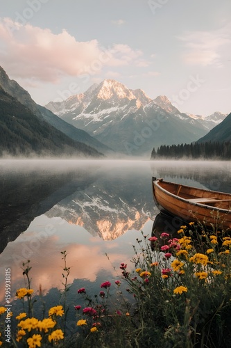 Scenic Alpine Lake with Snowy Mountains and Wooden Boat in Blooming Foreground
