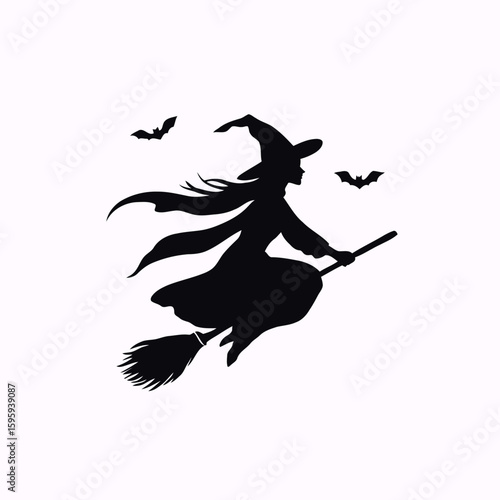 Vector silhouette illustration of a witch flying on a broom with a Halloween dance party