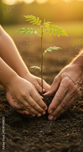 Planting a Future Generations Hands Planting a Sapling Together at Sunset