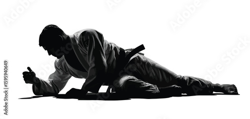 Martial arts practitioners in silhouette demonstrating a grappling technique on a white background