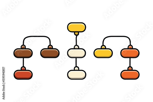 Colorful interconnected nodes forming structured hierarchical diagram on white background
