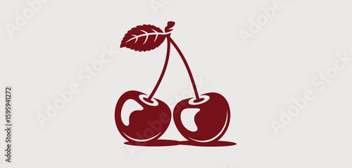 Stylized illustration of two ripe cherries with a leaf and stem