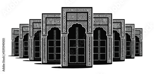 Intricate islamic archways and windows in a repeating pattern