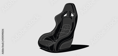 Side view of a black racing bucket seat with a gray background