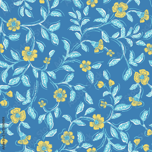  Connecting textured blue background yellow flowers seamless floral print pattern