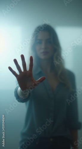 Woman in a blue shirt holding her hand up in front of her barrier and inaccessibility