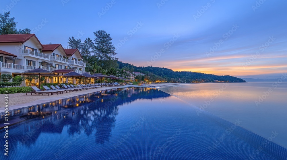 Fototapeta premium Tranquil infinity pool at a beachfront resort at dawn.