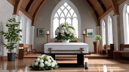 Funeral ceremony in church with flowers and casket