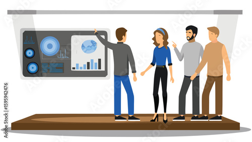 A business meeting with a presenter pointing to a screen with charts and graphs and three attendees