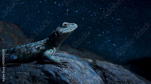 Lizard Looking at Stars at Night on Rock in Nature