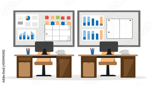 Two office setups with desks chairs monitors and boards displaying charts and calendars visible