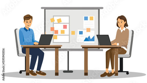 Two people working at their desks with laptops in front of a whiteboard with sticky notes
