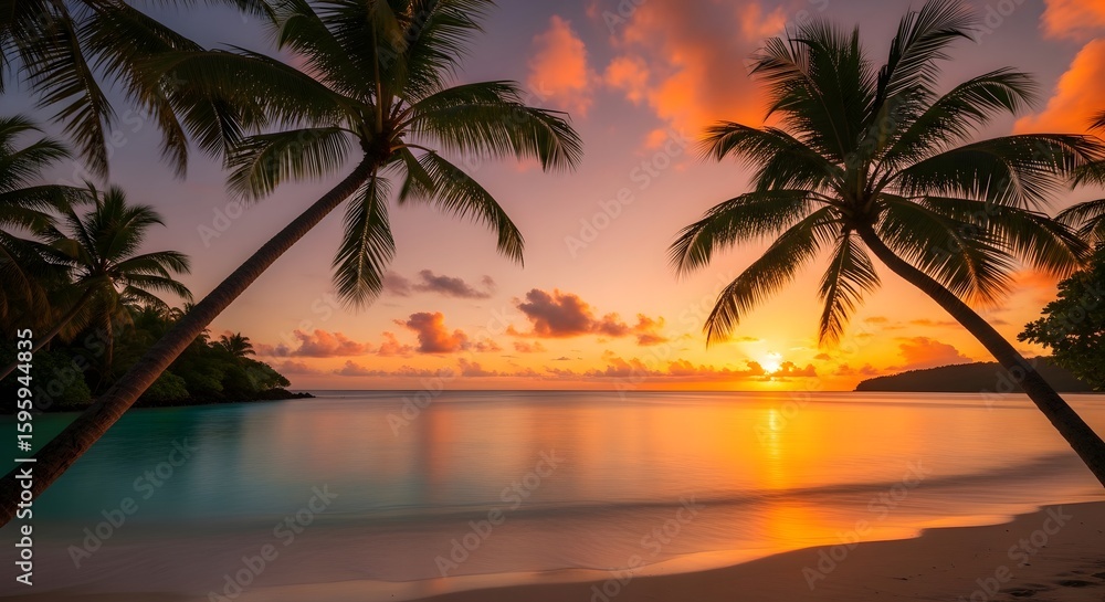 Tropical Beach Sunset: Palm Trees Silhouetted Against Golden Sky and Calm Ocean Tropical Beach Sunset: Palm Trees Silhouetted Against Golden Sky and Calm Ocean