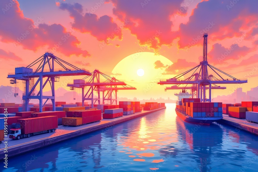 Shipping Port at Sunset with Containers and Cargo Cranes Reflecting on Water Shipping Port at Sunset with Containers and Cargo Cranes Reflecting on Water