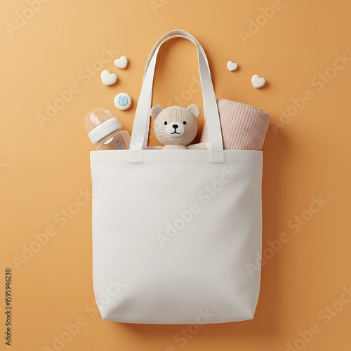 White tote bag mockup with baby essentials like a teddy bear and bottle on an orange background