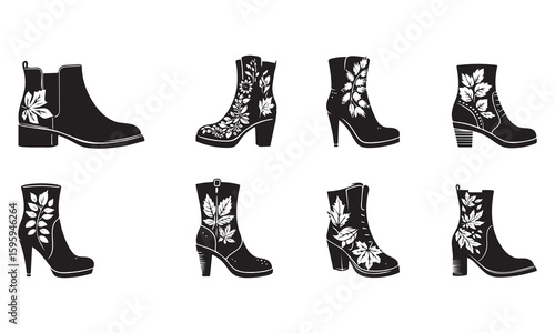 Set of Elegant Ankle Boots with Leafy Embellishments silhouette Vector Art