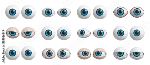 Collection of realistic human eyeballs with blue iris on white background