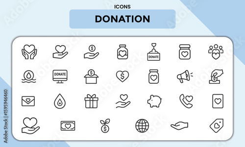 Donation Line Icons Pack – Charity, Fundraising, Giving, Nonprofit, Heart, and Volunteer Support Symbols for Websites, Apps, and Print Projects