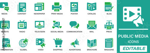 Mass Media & Communication Icon Set. Flat vector icons for journalism, news, social media, PR, and digital content. Great for media platforms, marketing, and online communication.
