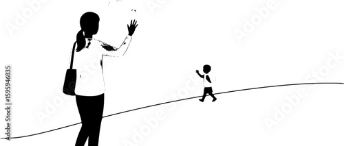A silhouette vector of a mother waving goodbye to her child at school, sentimental and sweet.
