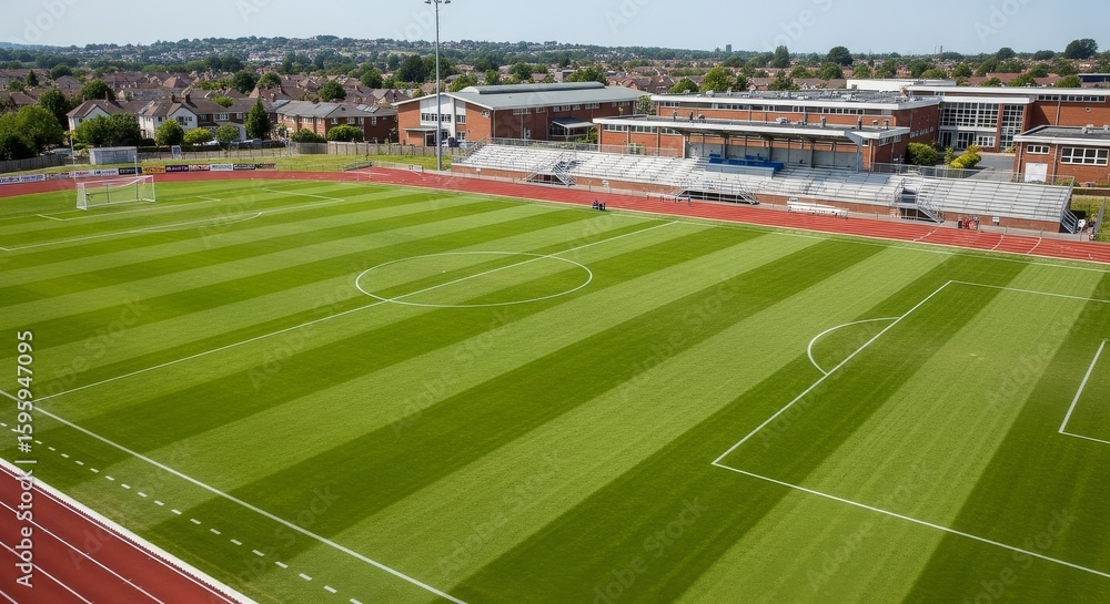 Obraz premium Aerial View of a Well-Maintained Soccer Field, Stadium, and Surrounding Landscape