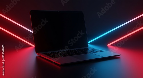 Sleek laptop computer mockup illuminated by futuristic red and blue neon light tubes