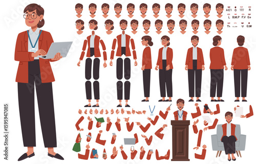 Business woman character constructor. Speaker, politician or businesswoman. Set of hands legs body and head positions for creating animation