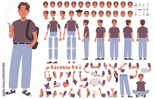 Young college student guy character constructor. Set of hands legs body and head positions for creating animation