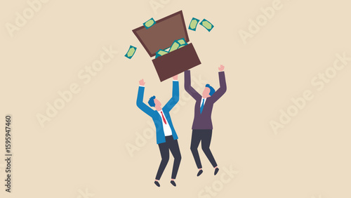 Two businessmen joyfully lifting a treasure chest full of money in celebration of success achieved