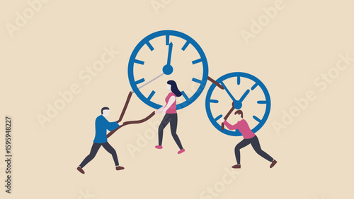 Illustration of people manipulating clock hands to manage time effectively together as a team work effort