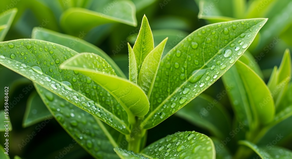 Dew-Kissed Emerald Leaves: A Macro View of Vibrant Green Foliage Dew-Kissed Emerald Leaves: A Macro View of Vibrant Green Foliage