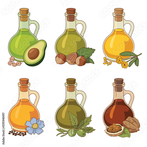 Collection of six bottles of natural oils with ingredients