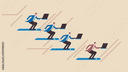 Businessmen surfing on conveyor belts while holding laptops in a competitive work environment theme illustration