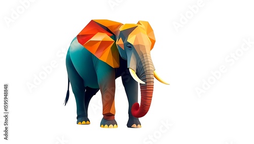 A colorful geometric elephant with orange ears and trunk standing on a white background in a studio
