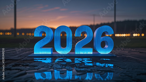 Wallpaper Mural The year 2026 is glowing in blue light on a reflective, wet surface. Torontodigital.ca