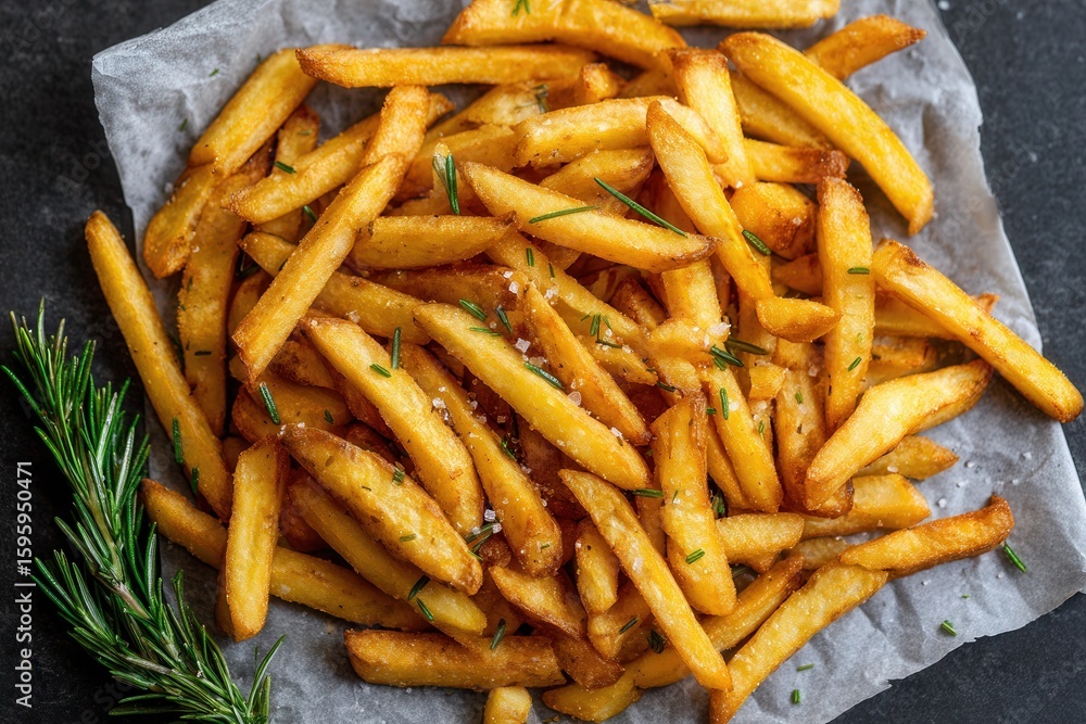 Golden crispy french fries with fresh rosemary garnish on paper. Golden crispy french fries with fresh rosemary garnish on paper.