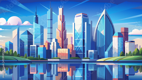 A breathtaking cityscape featuring towering glass skyscrapers reflecting perfectly in the calm surface of a central urban lake under a bright blue sky.