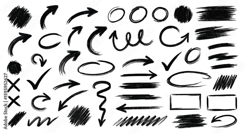 Collection of hand-drawn graphic elements, including arrows, circles, and checkmarks. Collection of hand-drawn graphic elements, including arrows, circles, and checkmarks.