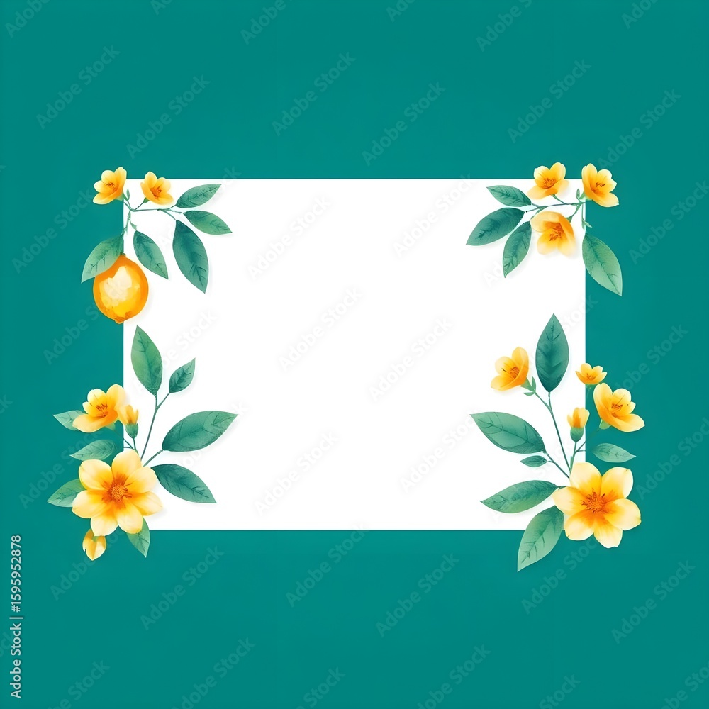 Obraz premium Floral frame with lemon and yellow blossoms on an emerald background for greetings and invitations design