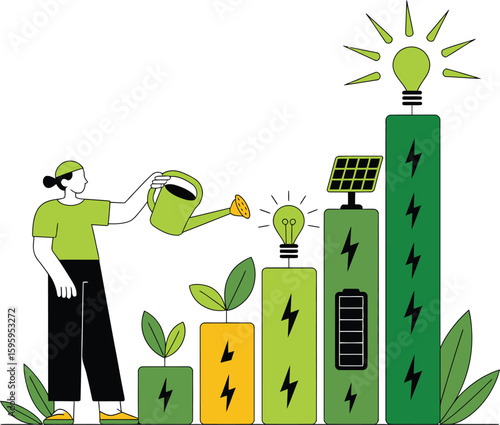 Person watering plants on a growing bar chart representing renewable energy development and sustainability Vector Design